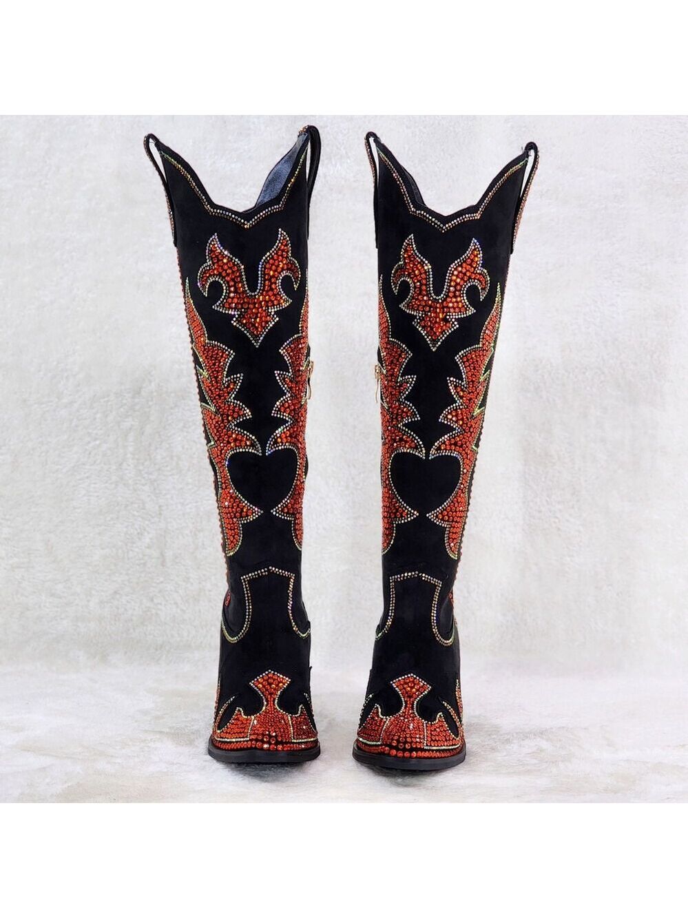 NIB Harley Girl Country Western Cowgirl Knee Boots Rhinestones Black Orange - Picture 3 of 16